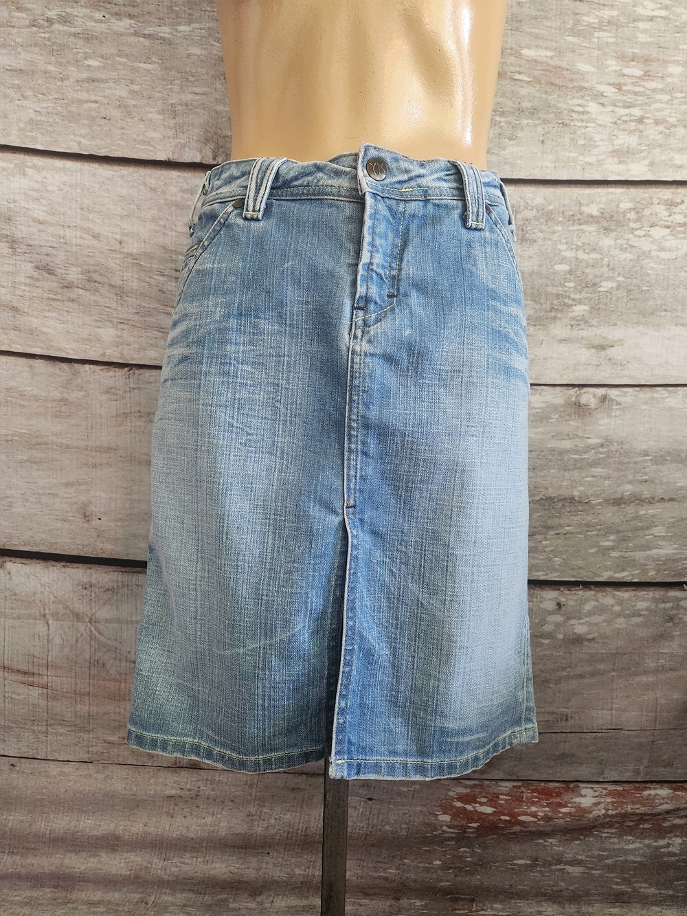 Yanuk Light Blue Washed Denim Midi Skirt with Front Slit
